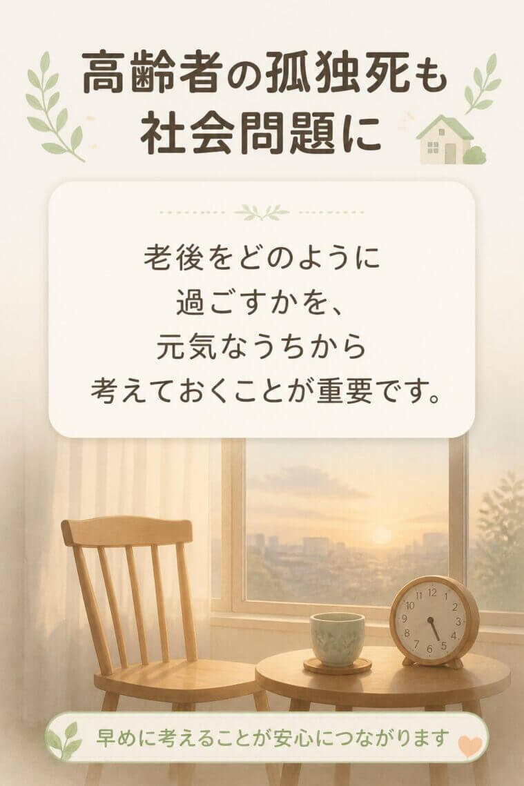 また、高齢者の孤独死も社会問題となっており、老後をどのように過ごすかを元気なうちから考えておくことが重要になっています。
