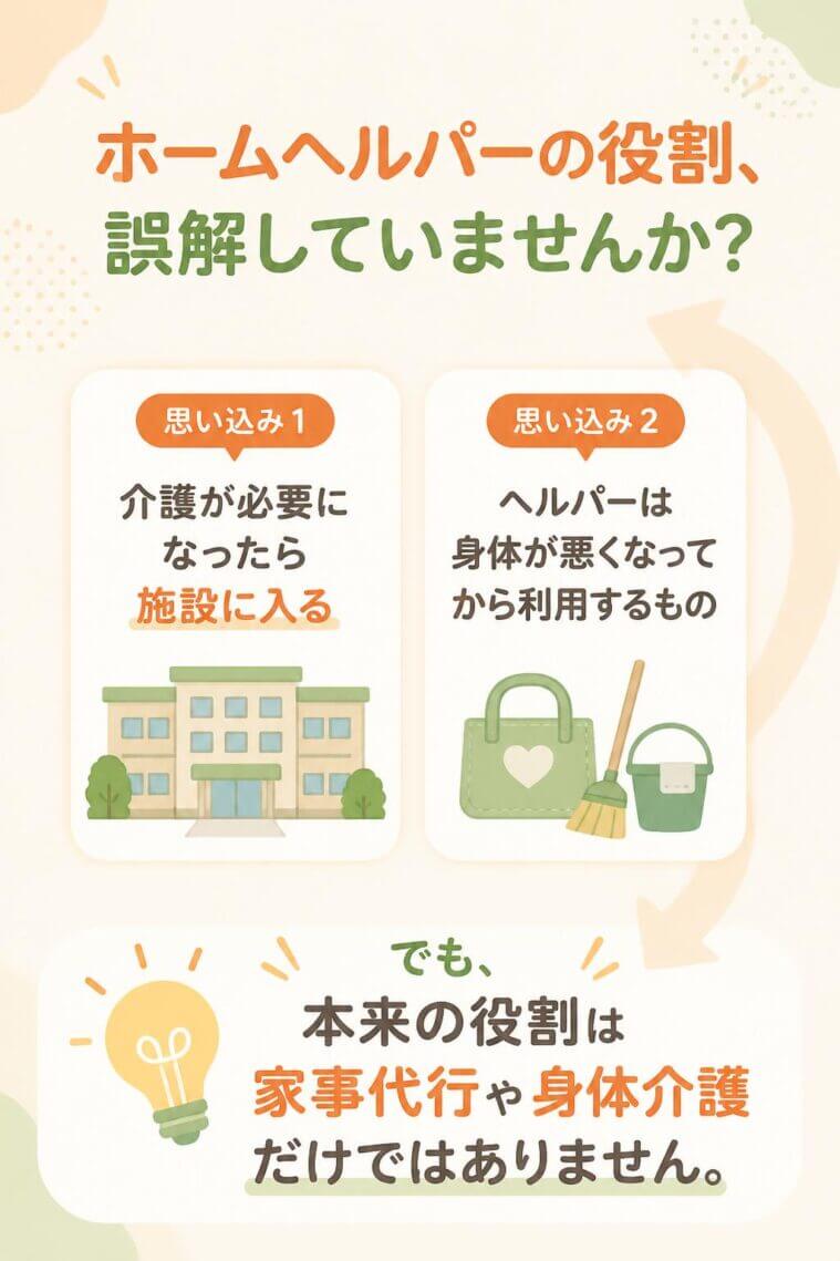 多くの方は、「介護が必要になったら施設に入る」「ヘルパーは身体が悪くなってから利用するもの」と考えています。

しかし、本来のホームヘルパーの役割は、単なる家事代行や身体介護だけではありません。