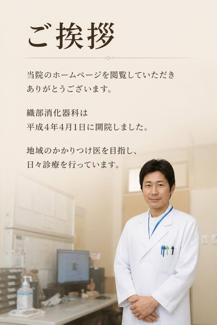 ご挨拶
当院のホームページを閲覧していただきありがとうございます。
当院は平成4年4月1日に開院して地域の「かかりつけ医」を目指して日々診療してきました。