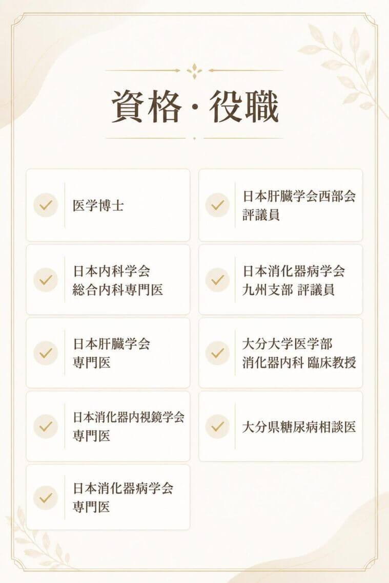 医学博士
日本内科学会総合内科専門医　　　　　　　　　　　
日本肝臓学会専門医
日本消化器内視鏡学会専門医
日本消化器病学会専門医　
日本肝臓学会西部会評議員
日本消化器病学会九州支部評議員
大分大学医学部消化器内科臨床教授
大分県糖尿病相談医