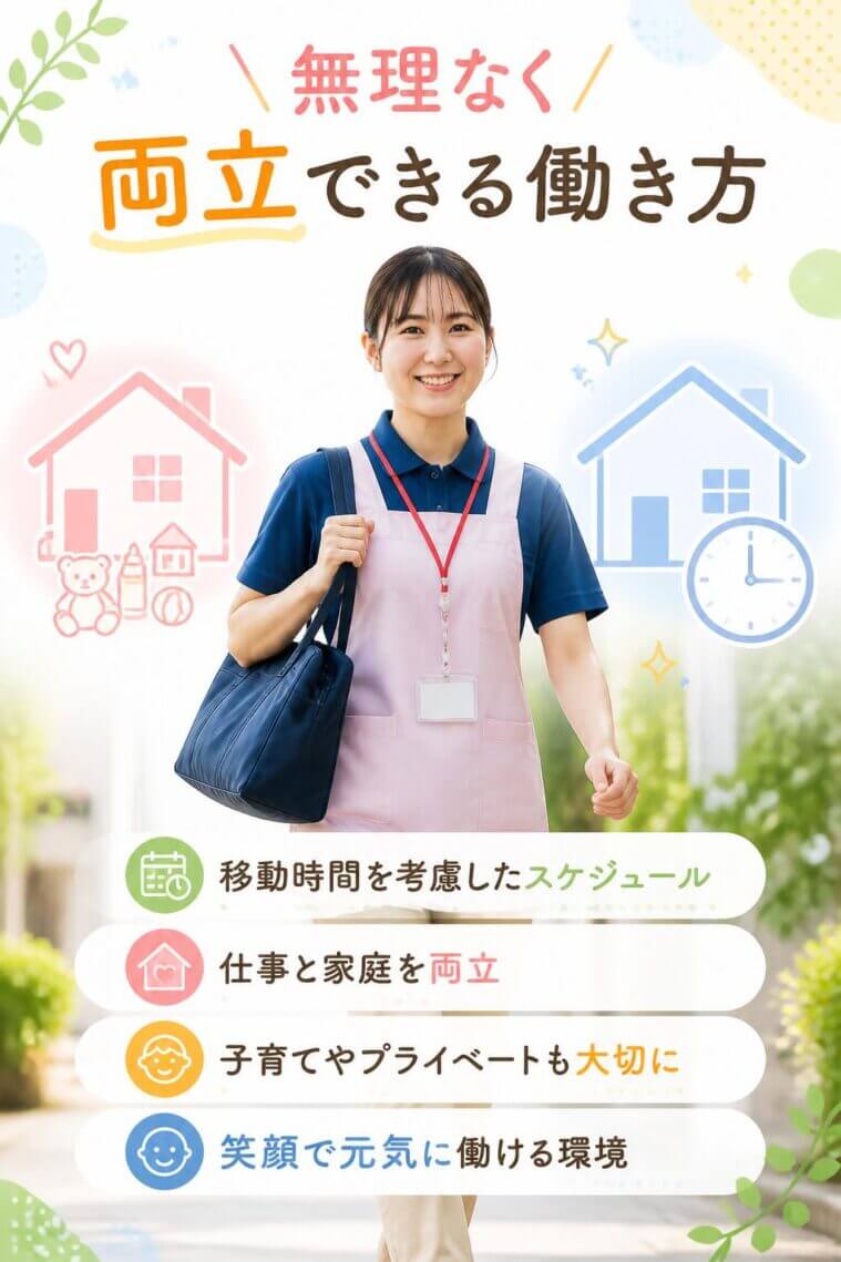 移動時間を考慮したスケジュールが組まれており、仕事と家庭（子育て・プライベート）を無理なく両立させながら、笑顔で元気に働ける環境が整っています。