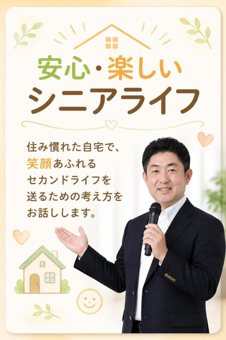 今回のセミナーでは、「安心・楽しいシニアライフ」をテーマに、住み慣れた自宅で笑顔あふれるセカンドライフを送るための考え方についてお話しします。