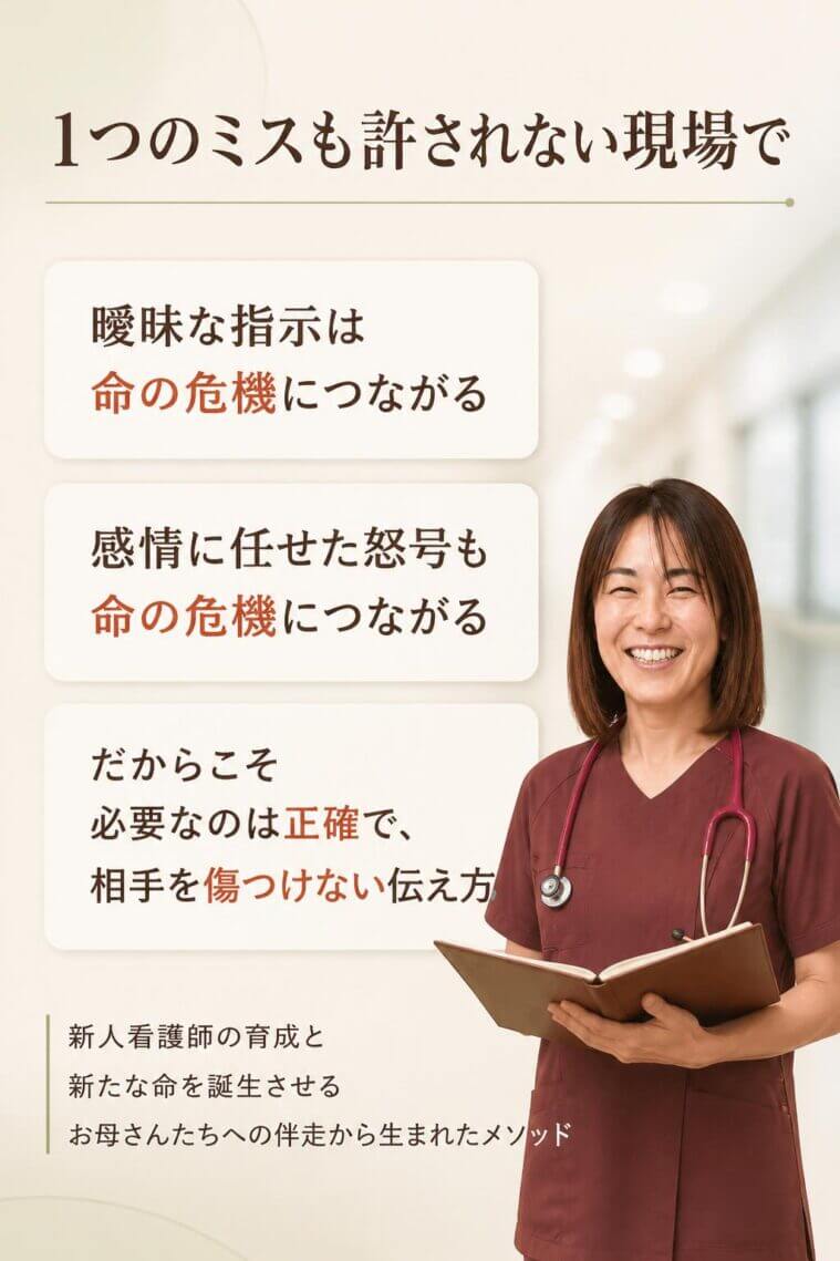 看護師、そして助産師の現場は、1つのミスも許されない緊迫した環境です。そこでは、曖昧な指示や、感情に任せた怒号は「命の危機」に直結します。
私は長年、その過酷な現場で、新人看護師の育成や、新たな命を誕生させるお母さんたちに伴走してきました。