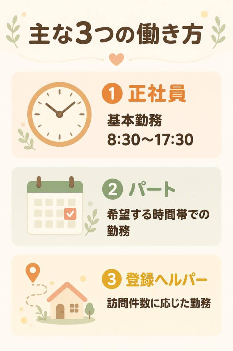 主に以下の3つの働き方があります。

① 正社員（基本勤務 8:30〜17:30）
② パート（希望する時間帯での勤務）
③ 登録ヘルパー（訪問件数に応じた勤務）