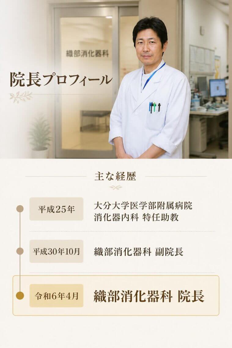 平成25年 大分大学医学部附属病院消化器内科　特任助教　
平成30年10月 織部消化器科　副院長
令和6 年4月同院院長