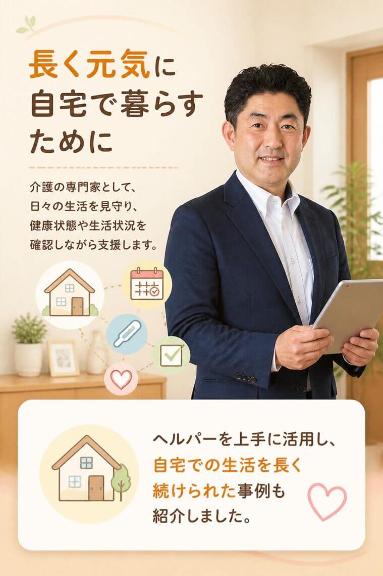 利用者が自宅でできるだけ長く元気に暮らせるように、介護の専門家として日々の生活を見守り、健康状態や生活状況を確認しながら支援することです。

実際に、ヘルパーを上手に活用することで、自宅での生活を長く続けられた事例も紹介しました。
