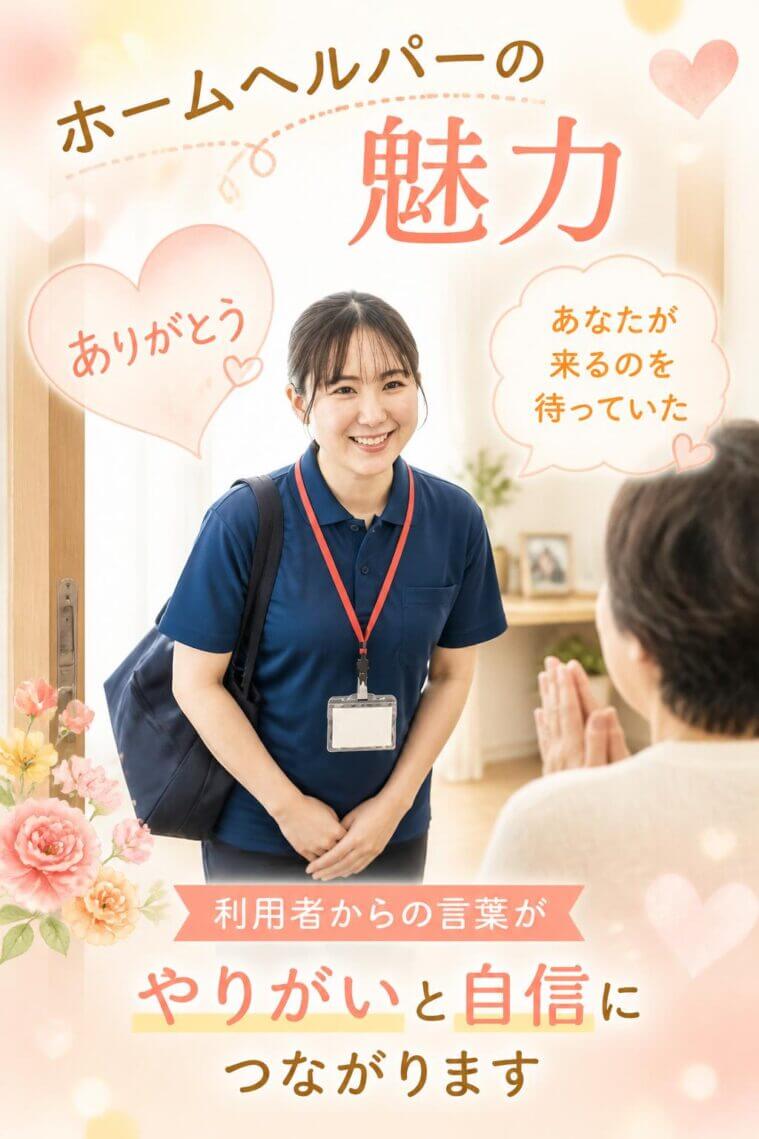 【ホームヘルパーの魅力】
実際の現場では、利用者からの「ありがとう」「あなたが来るのを待っていた」という言葉がやりがいや自信に繋がっています。